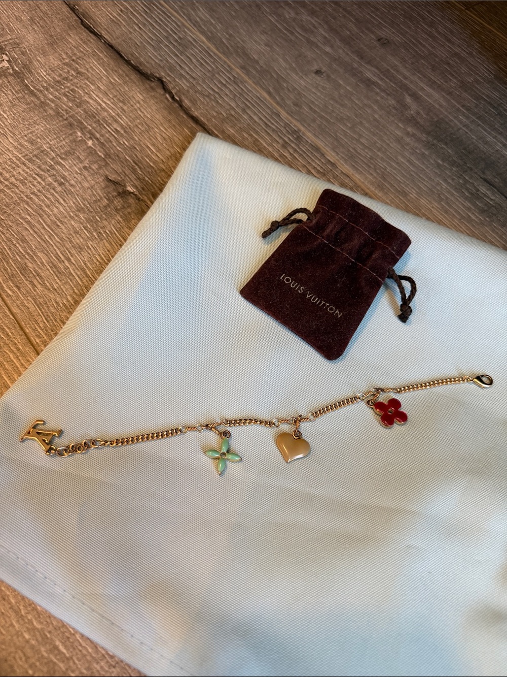 Louis Vuitton 18K Gold Charm Bracelet with Green and Pink Enamel Flowers